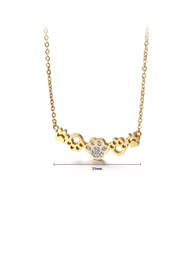 Simple and Cute Plated Gold Cat's Paw Footprint 316L Stainless Steel Necklace with Cubic Zirconia
