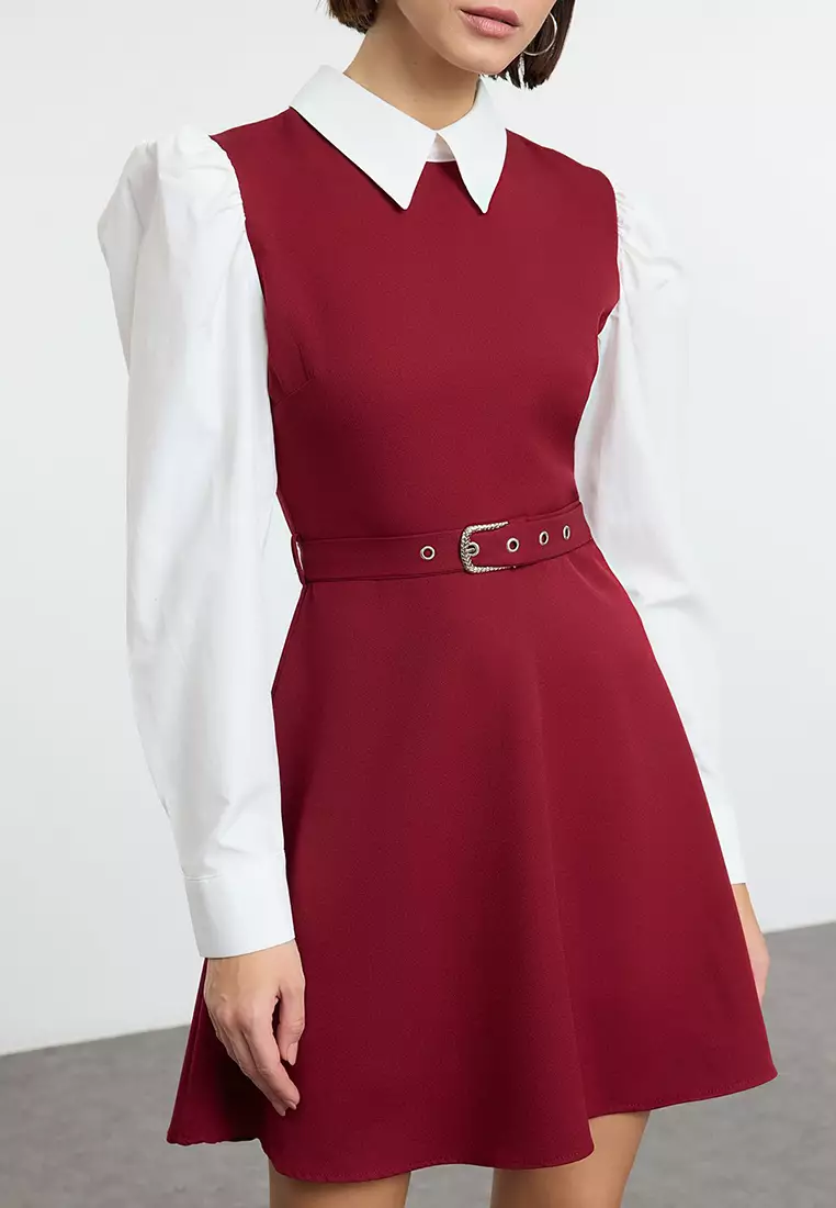 Burgundy Belted Waist Opening Shirt Detail Mini Woven Dress TWOAW25EL00398