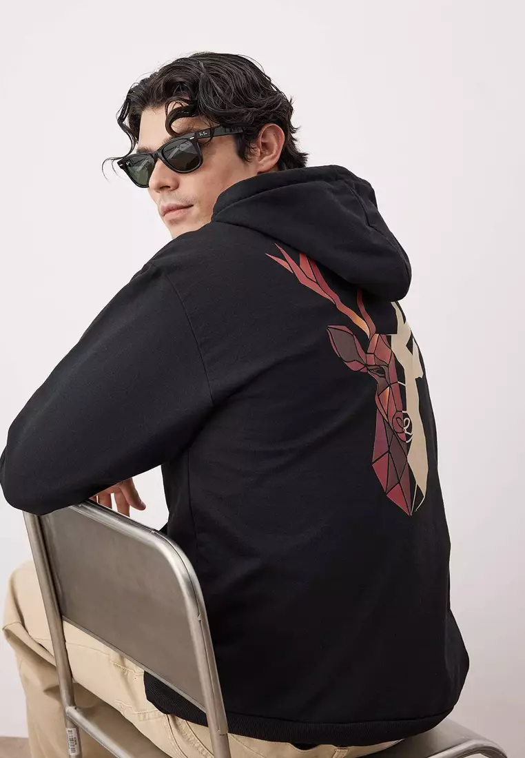 Black Oversize/Wide Cut Hooded Fleece/Warm Deer Printed Sweatshirt