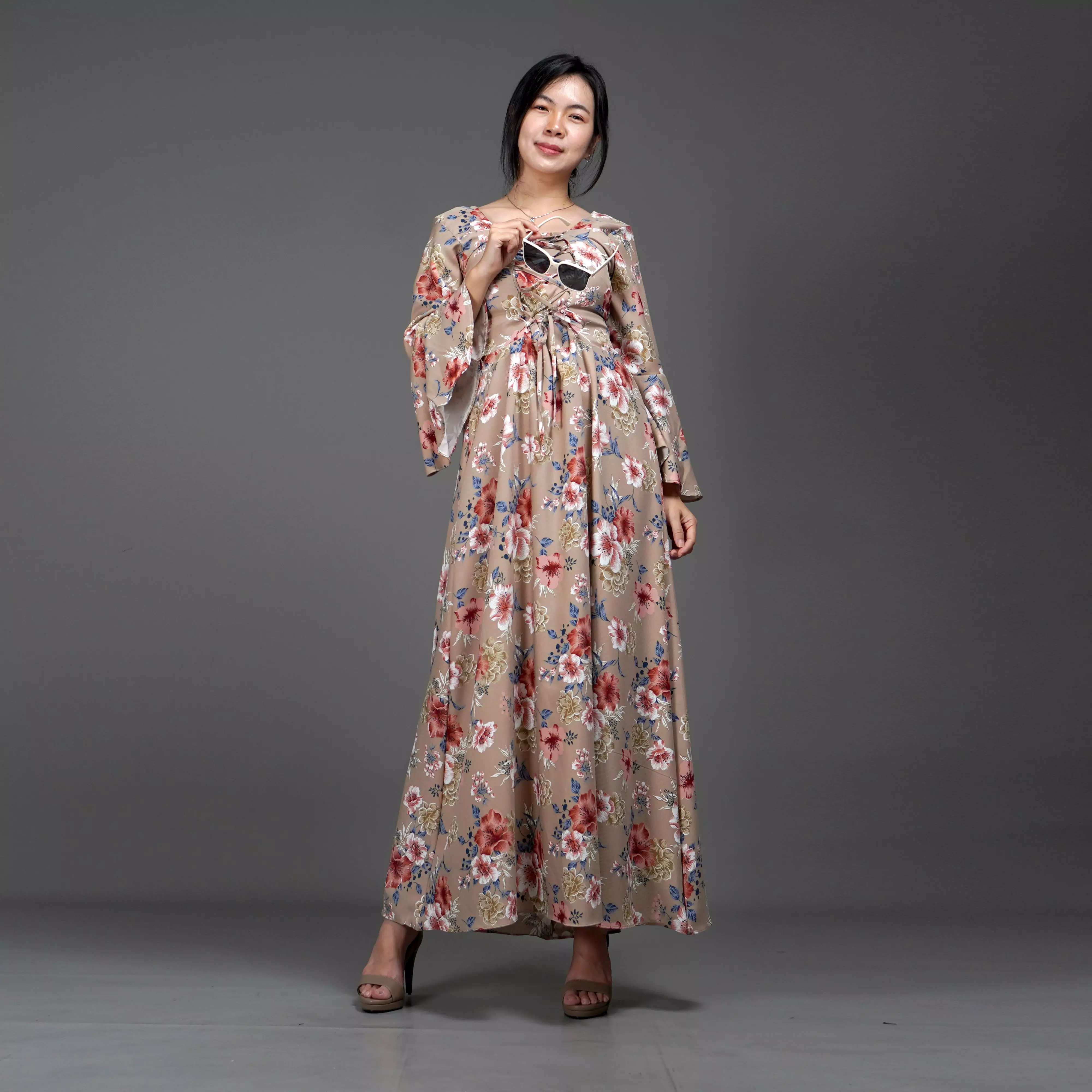  CLOVERIA Long Dress Motif Bunga Gaya Korea Dress Wanita Korean Style - Coksu