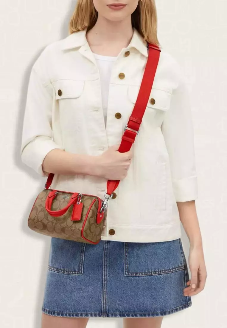 Coach Mini Rowan Crossbody In Signature Canvas Khaki Miami Red