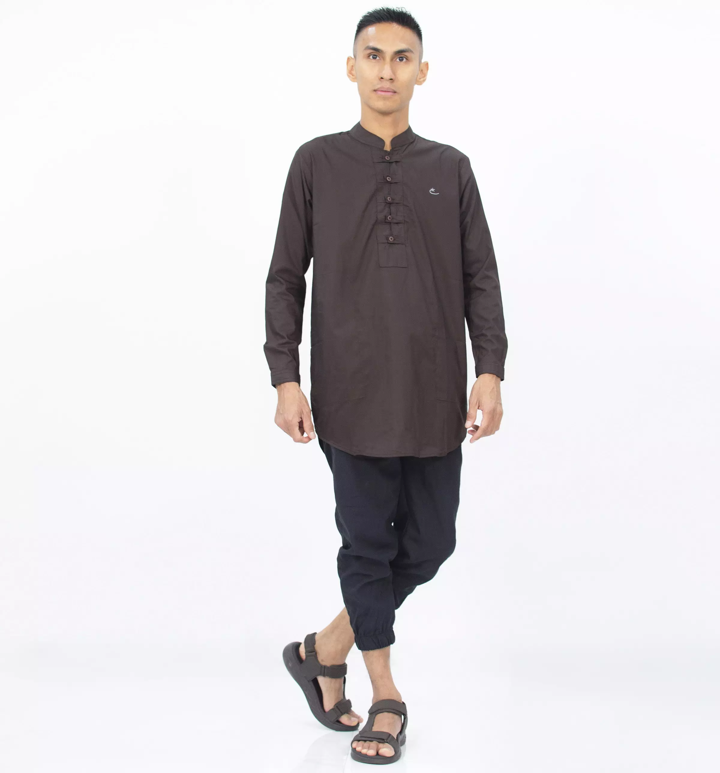 SHAMS Baju Lebaran Baju Koko Lengan Panjang Kemeja Koko Kemeja Kurta Pria - COKLAT TUA