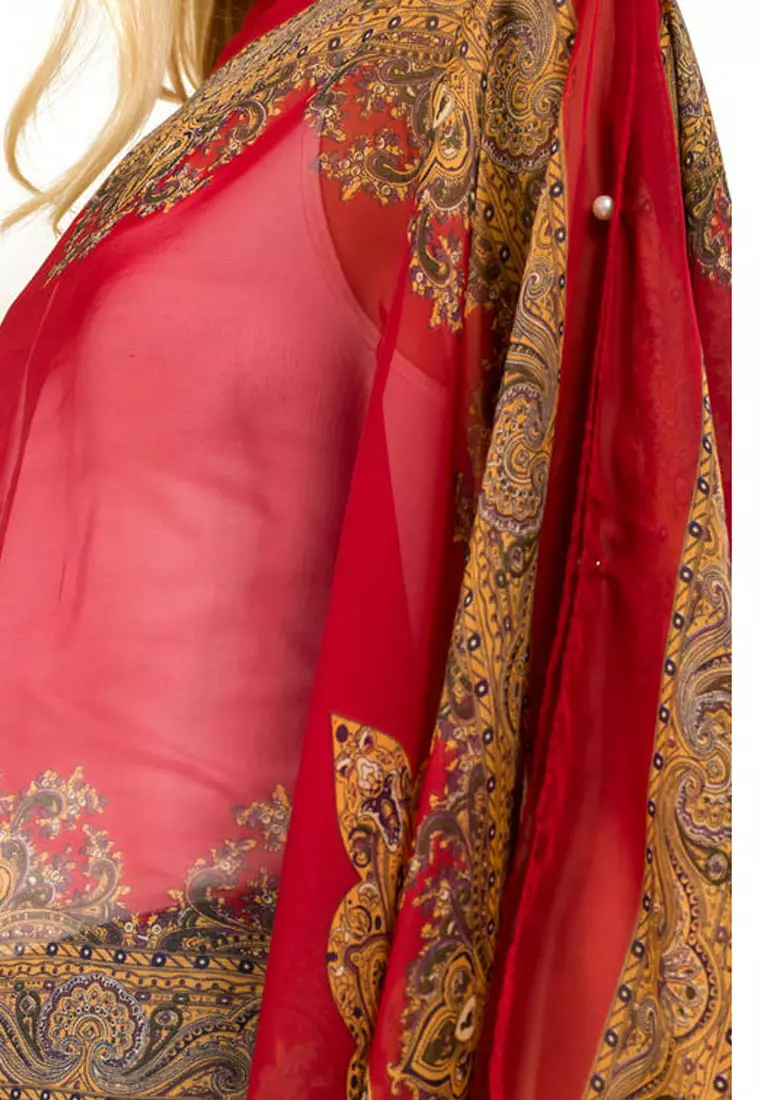 Aksesoris Wanita Victorian Print Multipurpose Scarf & Outer Poncho Style Syal Outer Wanita Red
