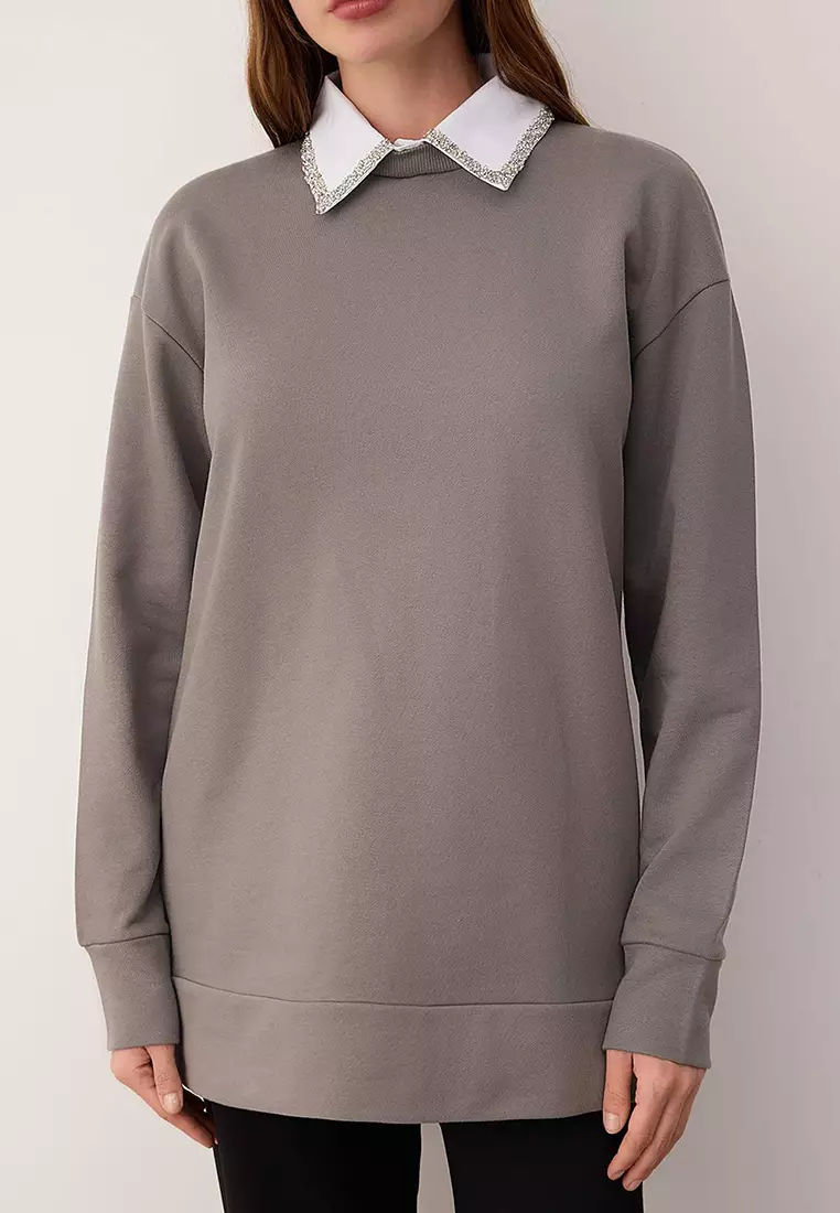 Anthracite Detachable Collar Stone Detailed 3 Thread Knitted Sweatshirt