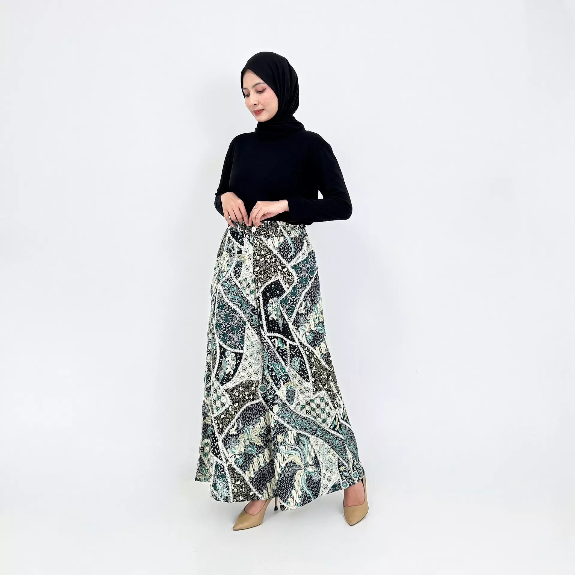 Celana Batik Ashley Premium HIJAUKulot Basic Formal Wanita Flare