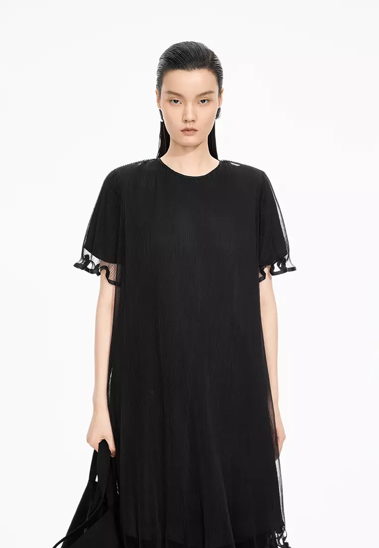 【轻礼服】混纺网纱A型压褶短袖连衣裙