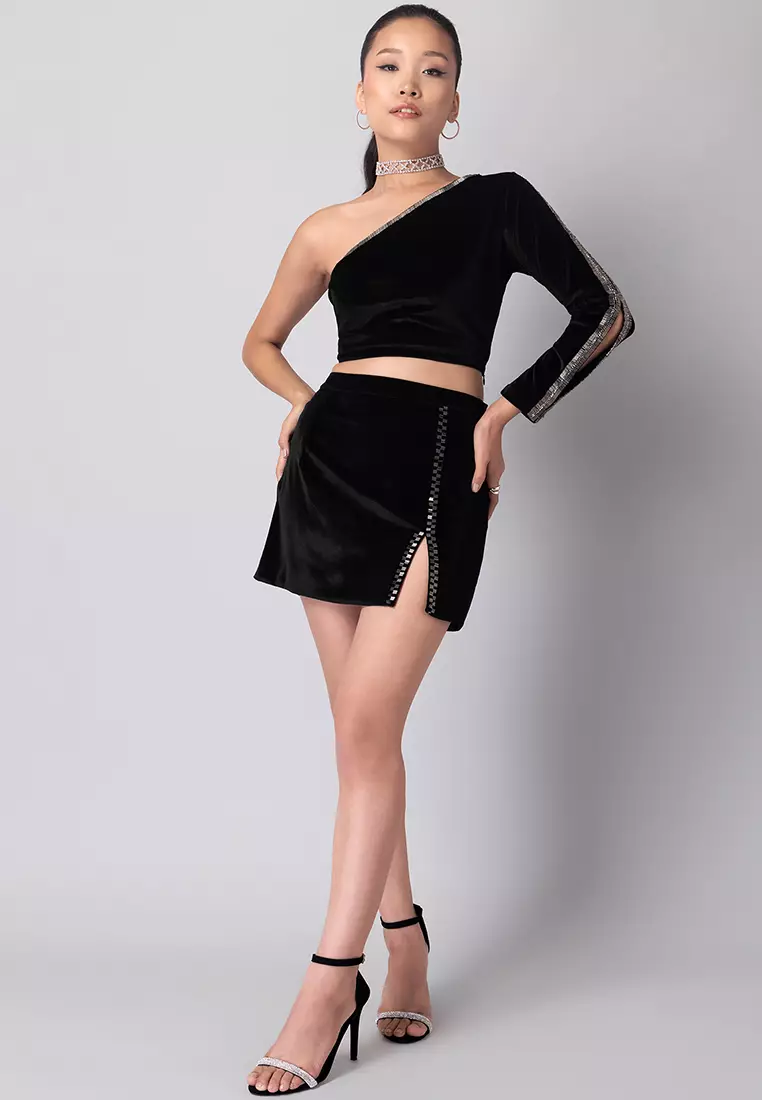 FabAlley Black Velvet Embellished One Shoulder Top And Mini Skirt Co-ord Set