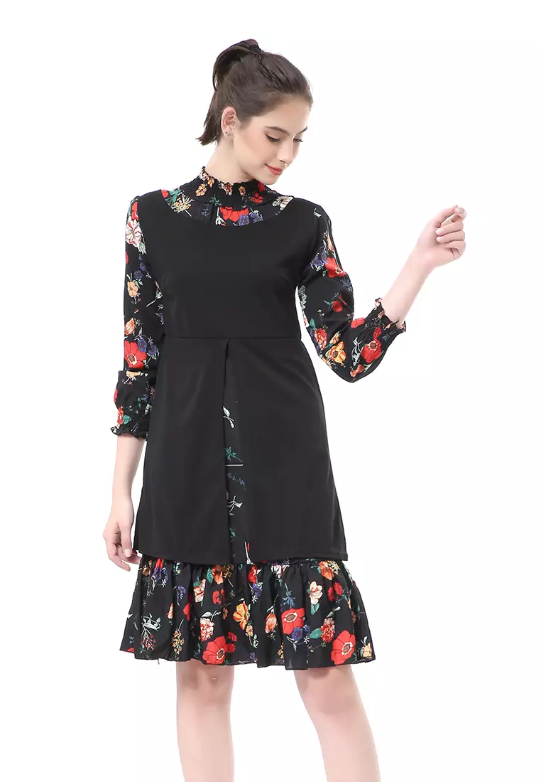 Rachel Midi Dress Wanita Lengan Panjang Turtleneck Material Cotton ORIGINAL - Red Black