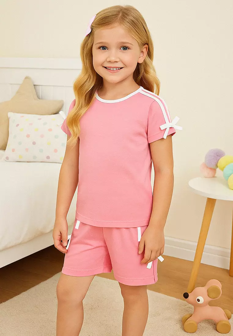 Pink Girl's 100% Cotton Ribbon Detailed Short Sleeve Knitted Pajamas Set Tkdss25Pt00038