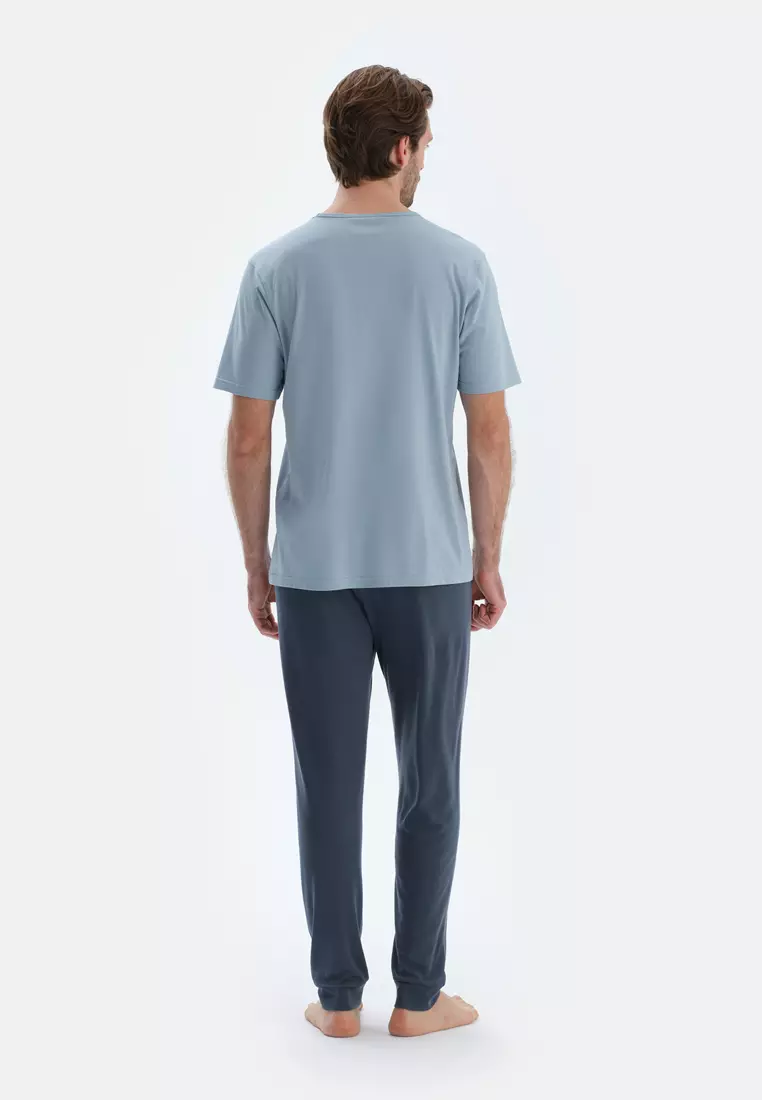 Blue T-Shirt, Crew Neck, Regular, Short Sleeve Sleepwear for Men