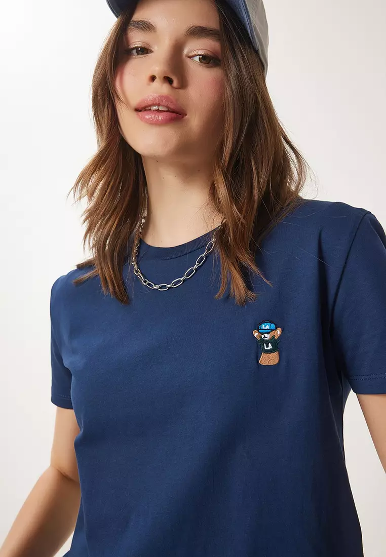 Teddy Bear Embroidered Cotton Knit T-Shirt
