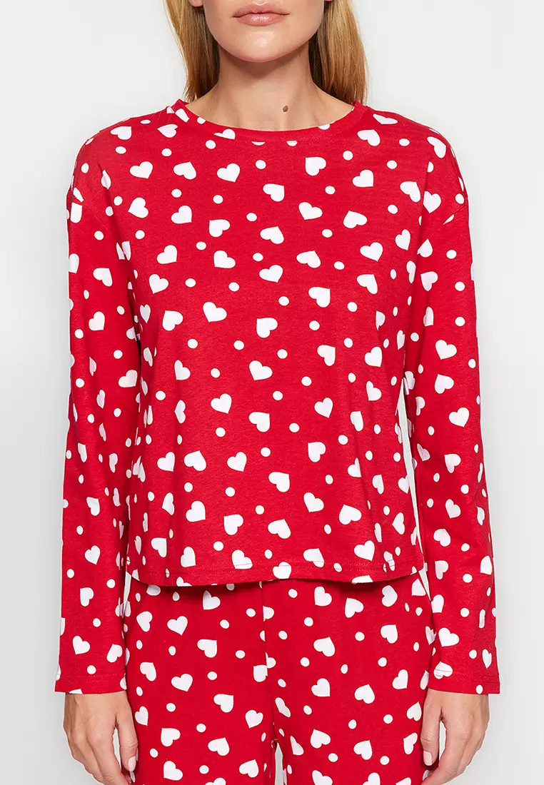 Red 100% Cotton Heart T-shirt-Pants Knitted Pajama Set THMAW24PT00124
