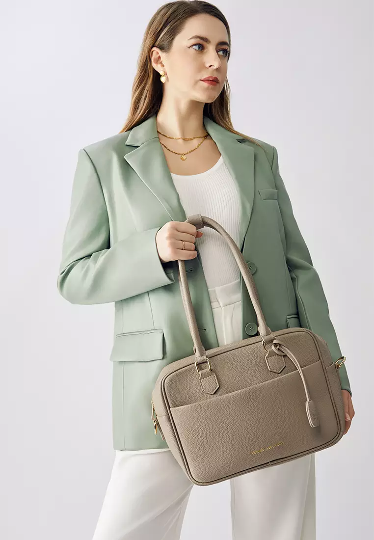 Margaret M Women's Nude Top Handle Handbag: 2-in-1 Microfiber Leather Travel Business Bag (Tablet compatible std. size 10")