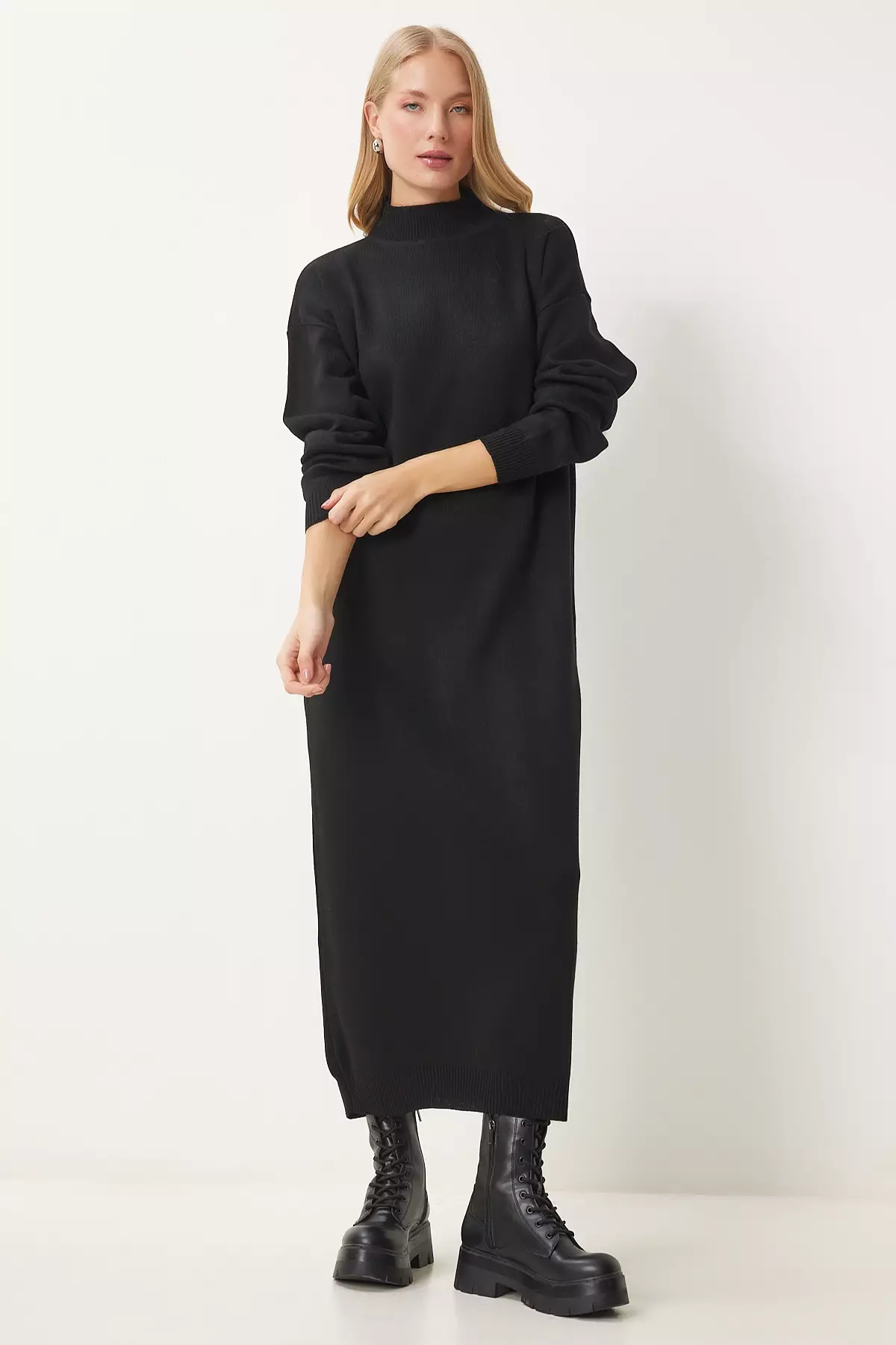 Women'S Black Turtleneck Long Knitwear Dress Dd01344