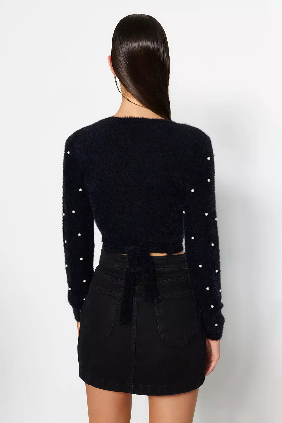 Faux Pearl Crop Wrap Knit Sweater