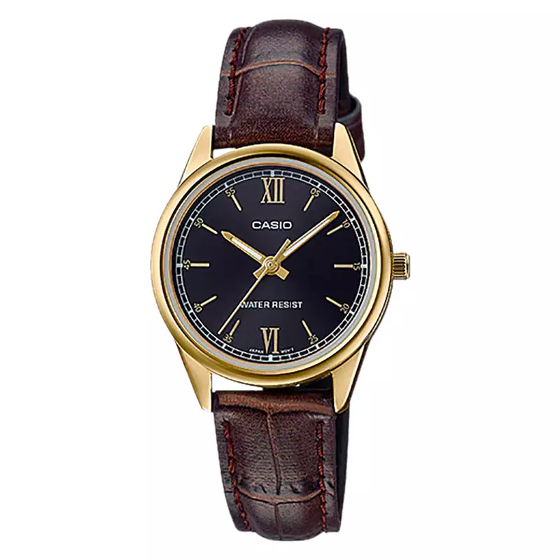Jam Tangan Wanita Analog Casio Standard LTP-V005GL-1B2UDF LTPV005 LTP-V005GL Black Dial Brown Leather Band