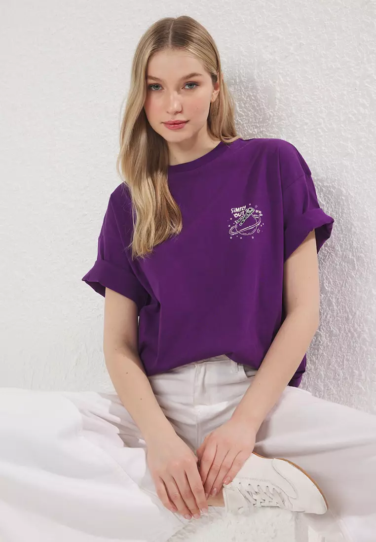 Purple 100% Cotton Oversize/Wide Pattern Galaxy Printed Knitted T-Shirt TWOSS25TS00146