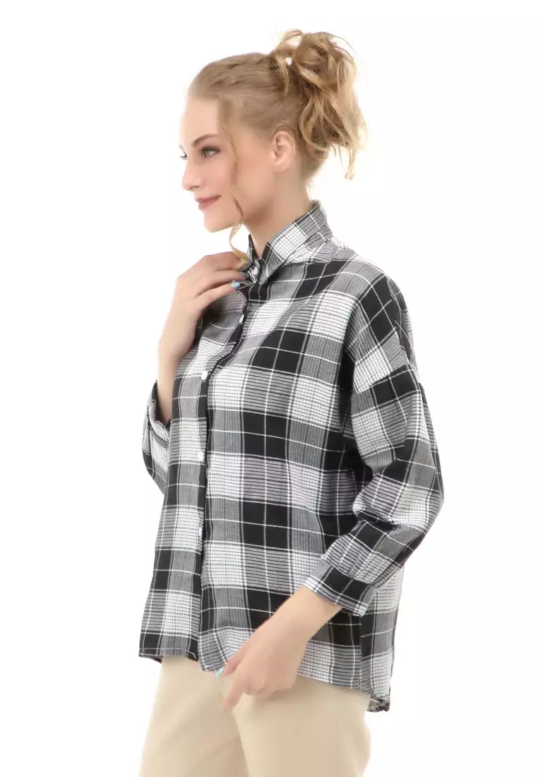 Holly Atasan Kasual Kemeja Wanita Lengan Lentera Motif Kotak Material Cotton ORIGINAL - Black