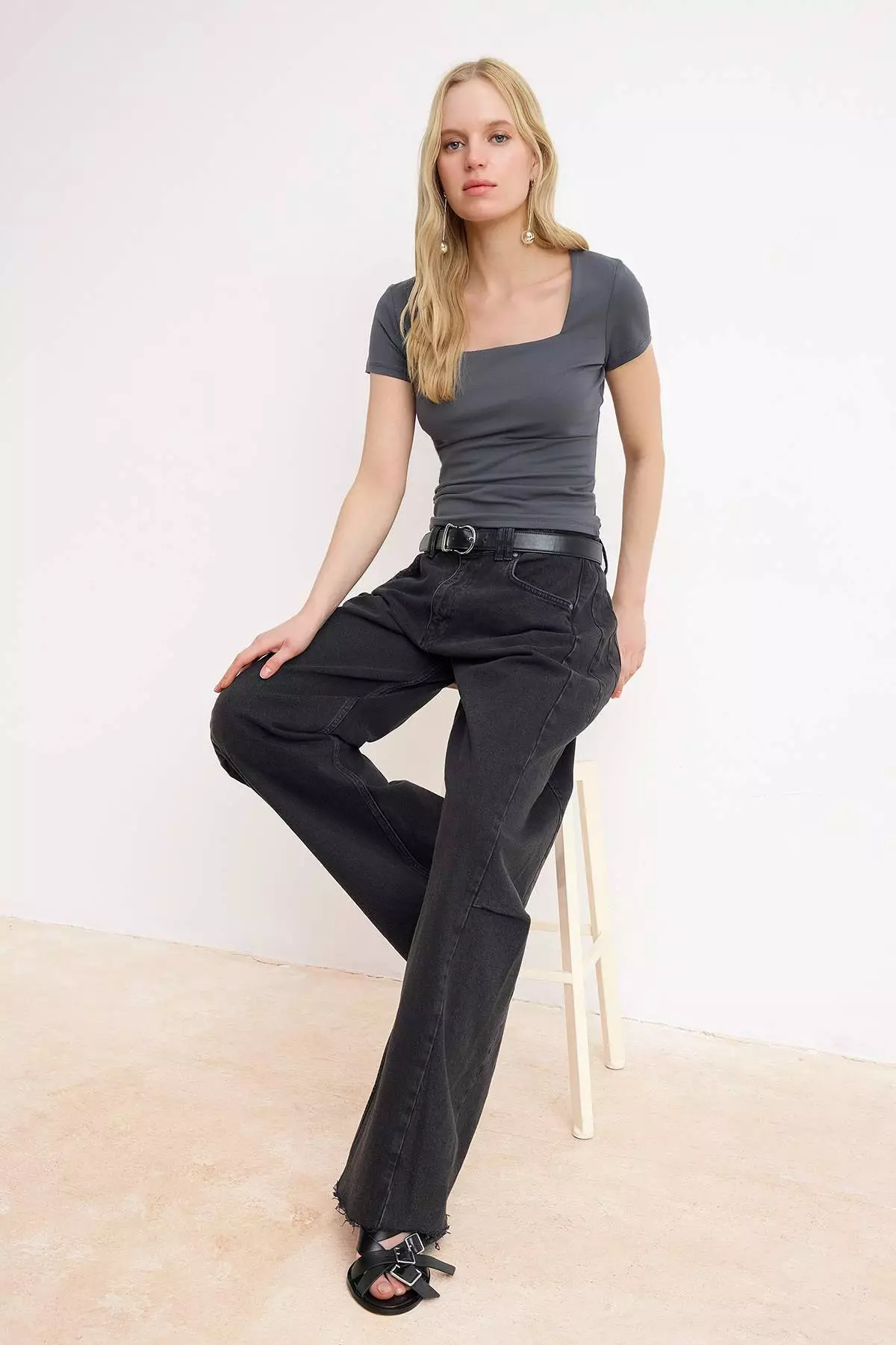 Anthracite Square Neck Fitted/Bodycon Knitted Blouse Twoss25Bz378