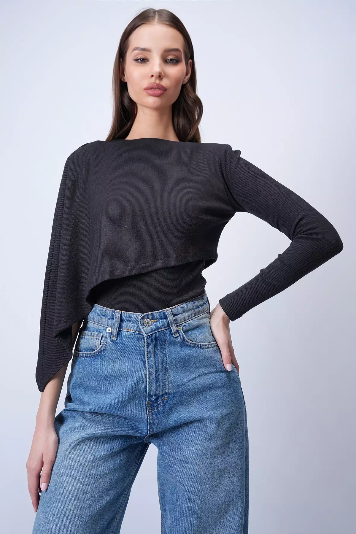 Women'S Black Single Sleeve Fixed Shawl Design Knitted Crop Blouse Alc-X15041