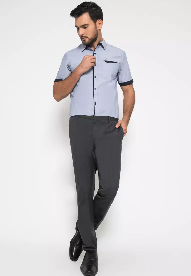 Johnwin - Kemeja Casual - Aksen Hitam - Biru - ASH.670.K880.804.C S/S