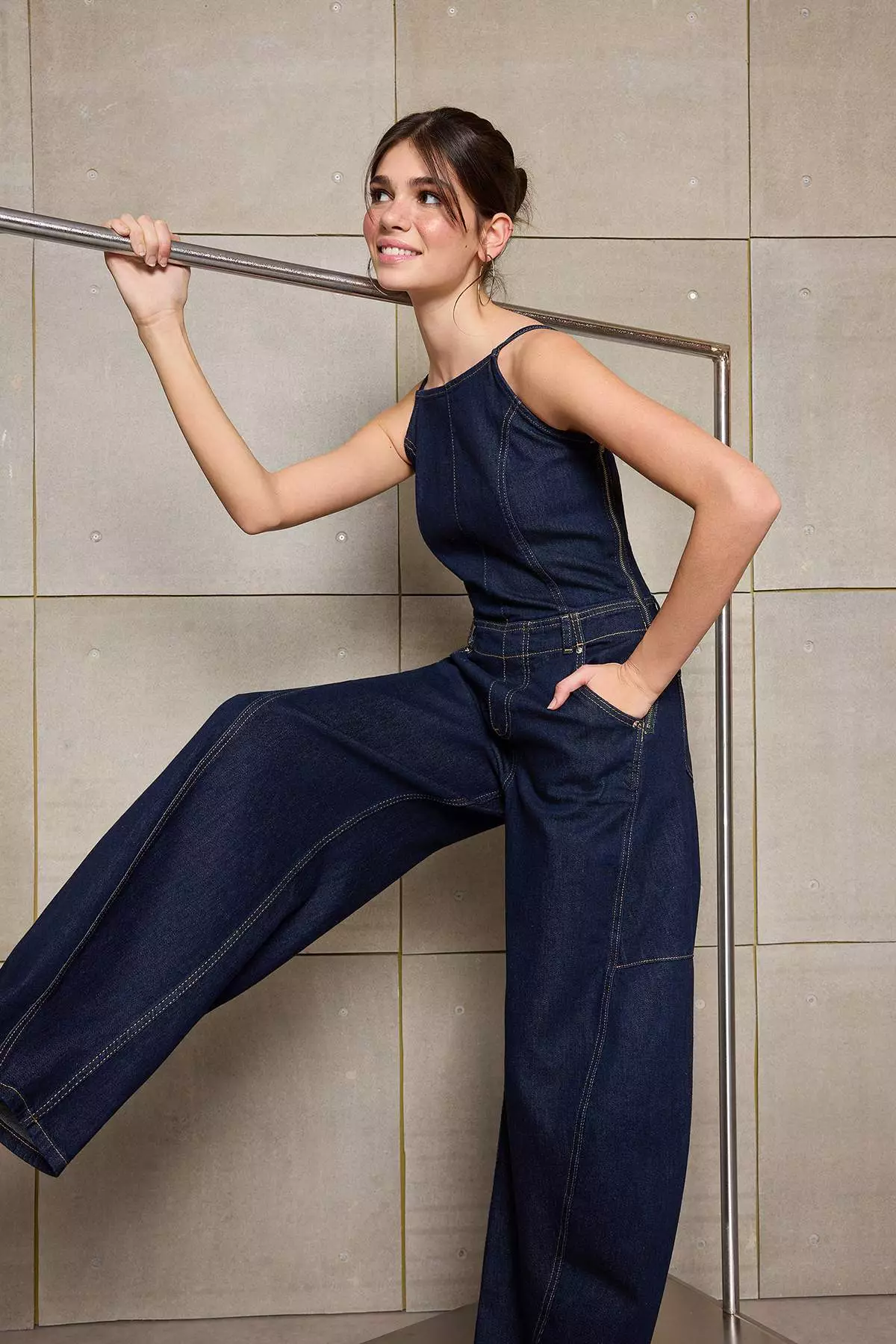 Teen Blue Strappy Slightly Stretchy Baggy Fit Denim Jumpsuit Twoss26Tu1