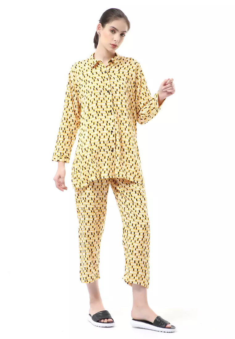 Nayra One Set Setelan Kemeja Wanita Lengan Panjang Printed Motive Full Kancing Material Rayon ORIGINAL - Yellow