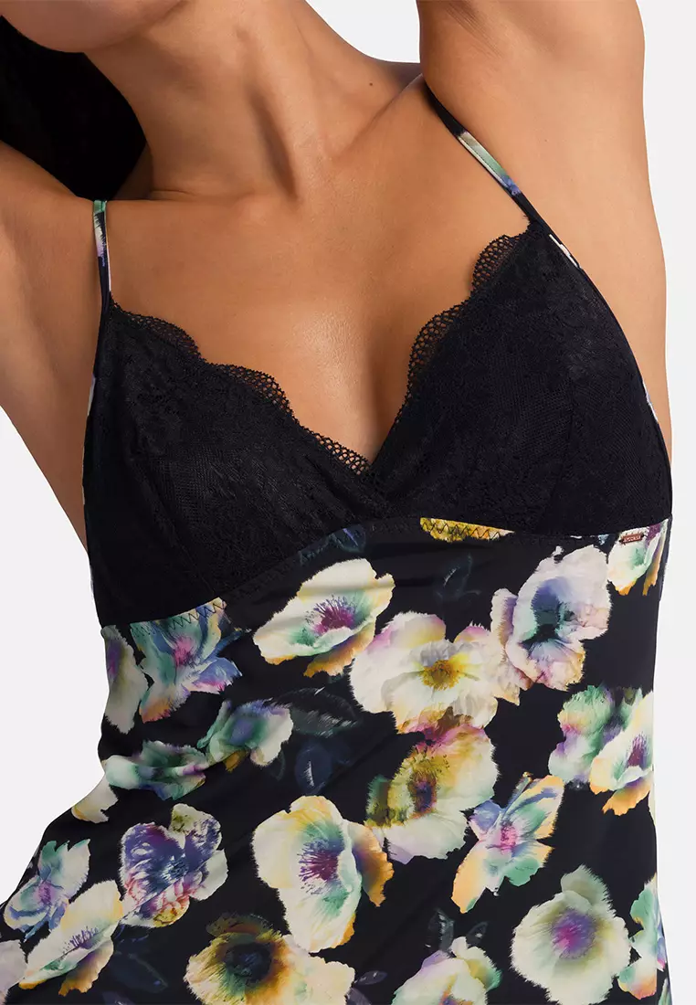 ZAYNA Lace Floral Digital Printed Tie Back Night Dress Slip Nightwear Sleepwear Linerie Bodywear