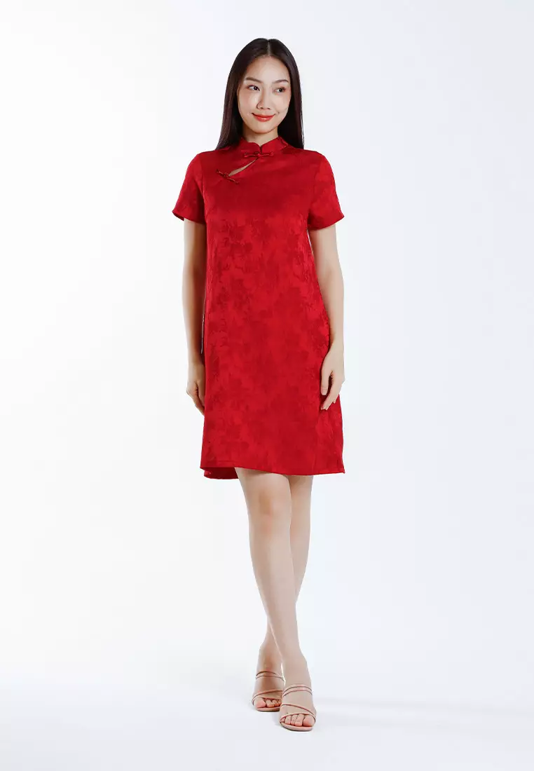Forest Ladies Jacquard Cheongsam Dress Women A-Line Cheongsam - 885097-50DkRed