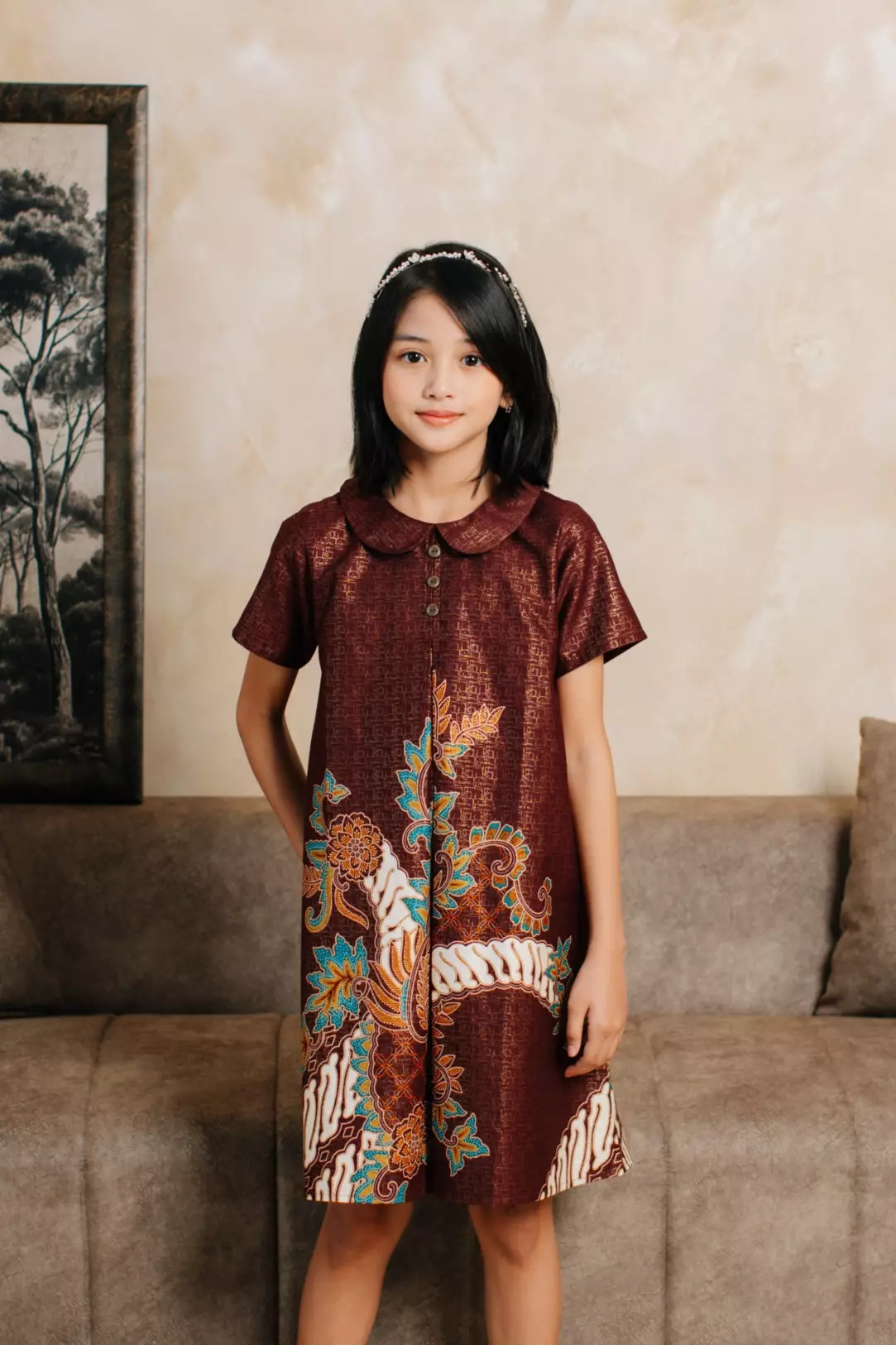 Adyatma Adhiwangsa Maroon Dress Batik Anak Wanita Lengan Pendek Katun Foil