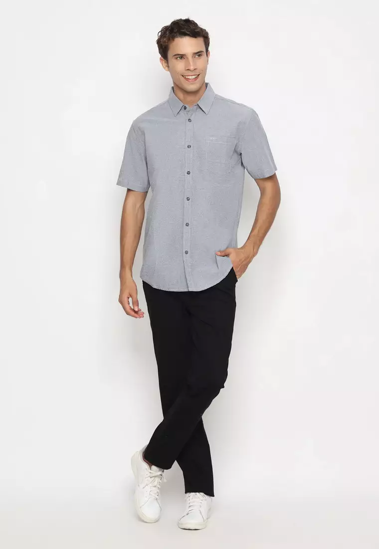 RBJ Kemeja Polos Cotton Abu Hitam Regular Fit Pria