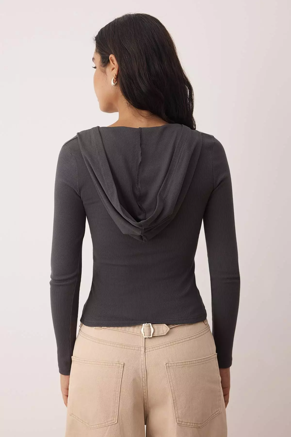 Anthracite Hooded Ribbed Buttoned Fitted/Body-Smoothing Knitted Blouse Twoaw26Bz00033