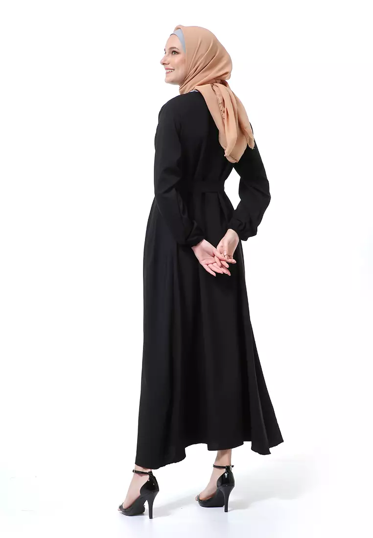 Nelly Gamis Dress Muslimah Wanita Long Sleeve Premium High Quality - Hitam