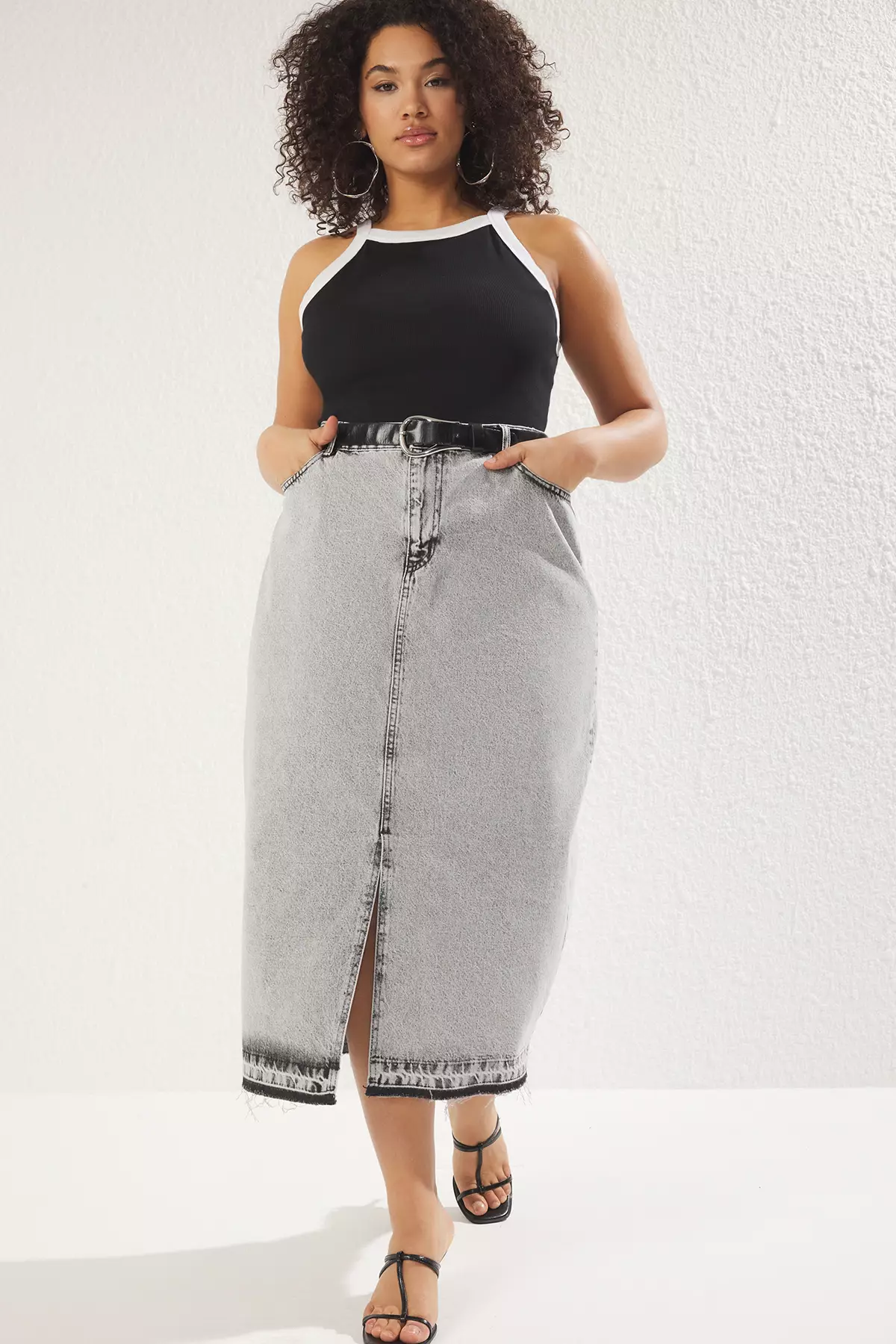Plus Size High Waist Denim Midi Skirt