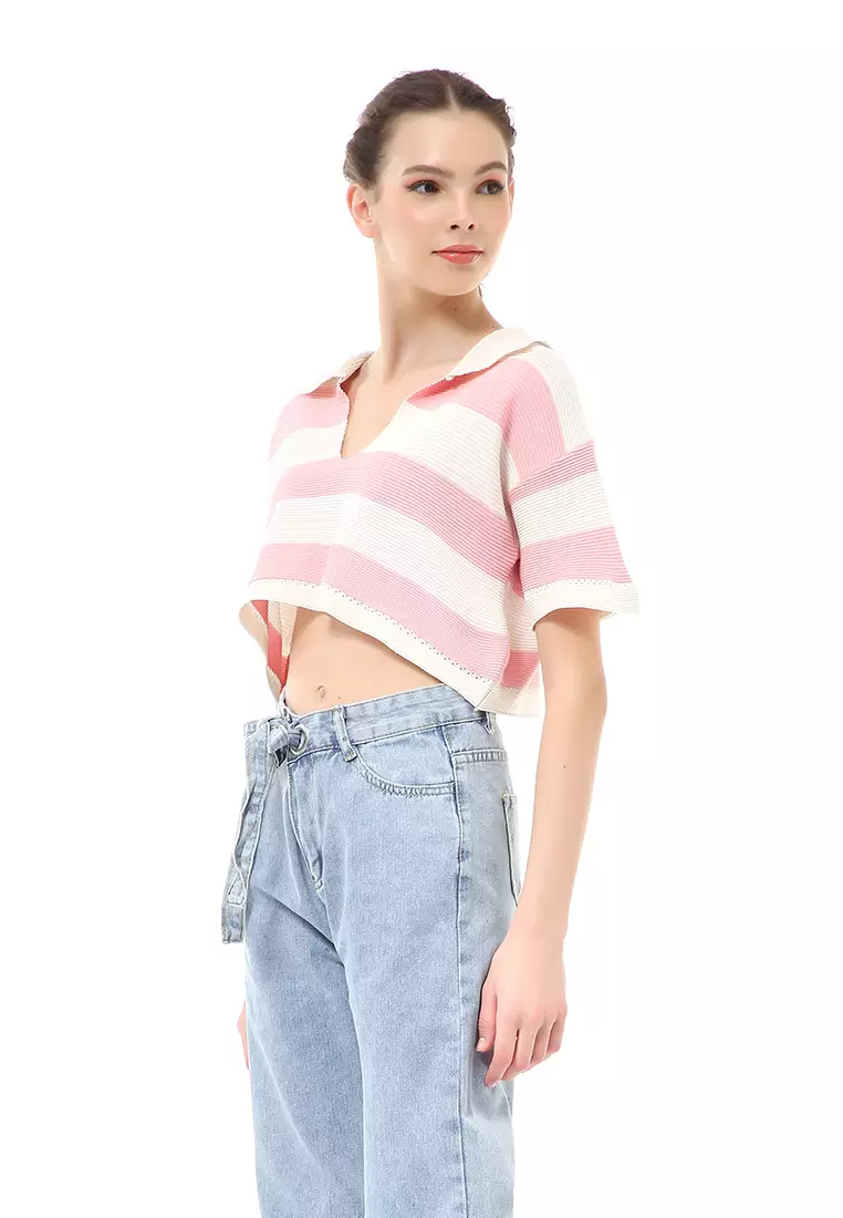 Albertine Atasan Crop Wanita Lengan Pendek Motif Salur Material Rajut ORIGINAL - Pink