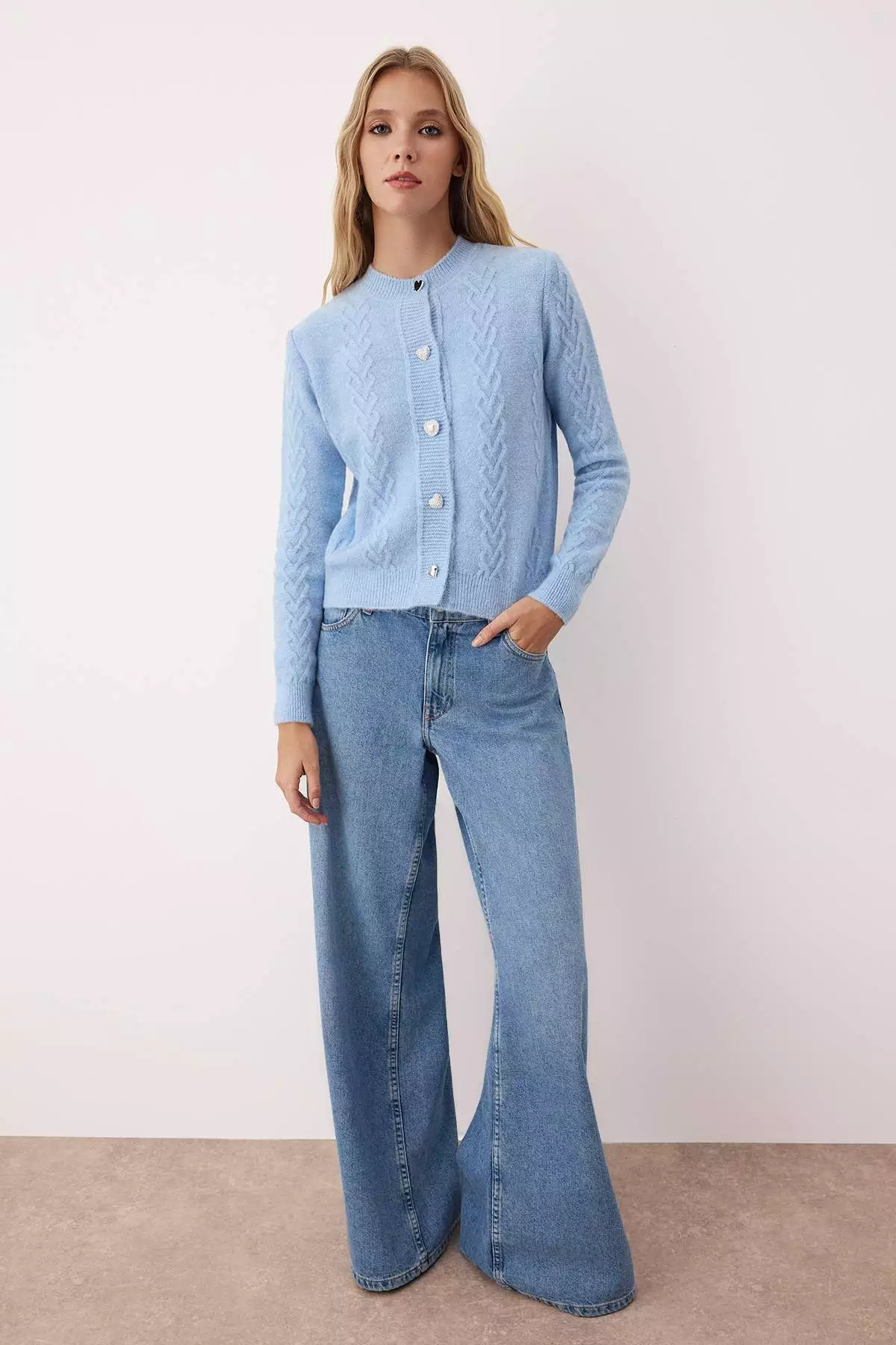 Light Blue Hair Knit Button Detailed Soft Textured Knitwear Cardigan Twoaw26Hi00040