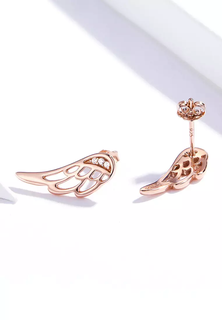 Solid 925 Sterling Silver Free Me Angel Wing Rose Gold Stud Earrings