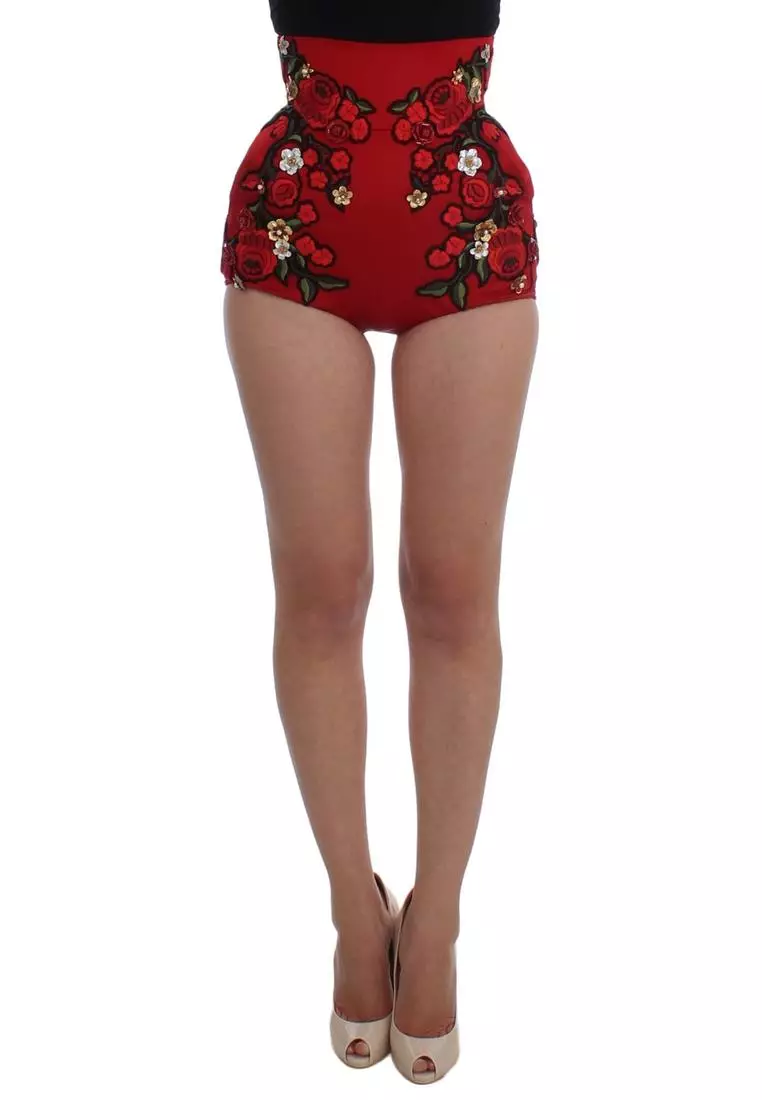 Buy Dolce Gabbana Dolce Gabbana Red Silk Roses Sicily Shorts