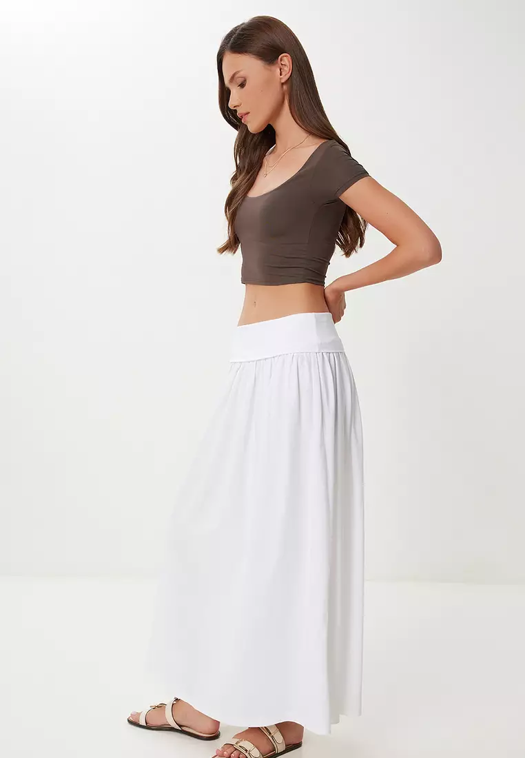Women's Ecru Long Summer Flexible Knitted Skirt Cr00519