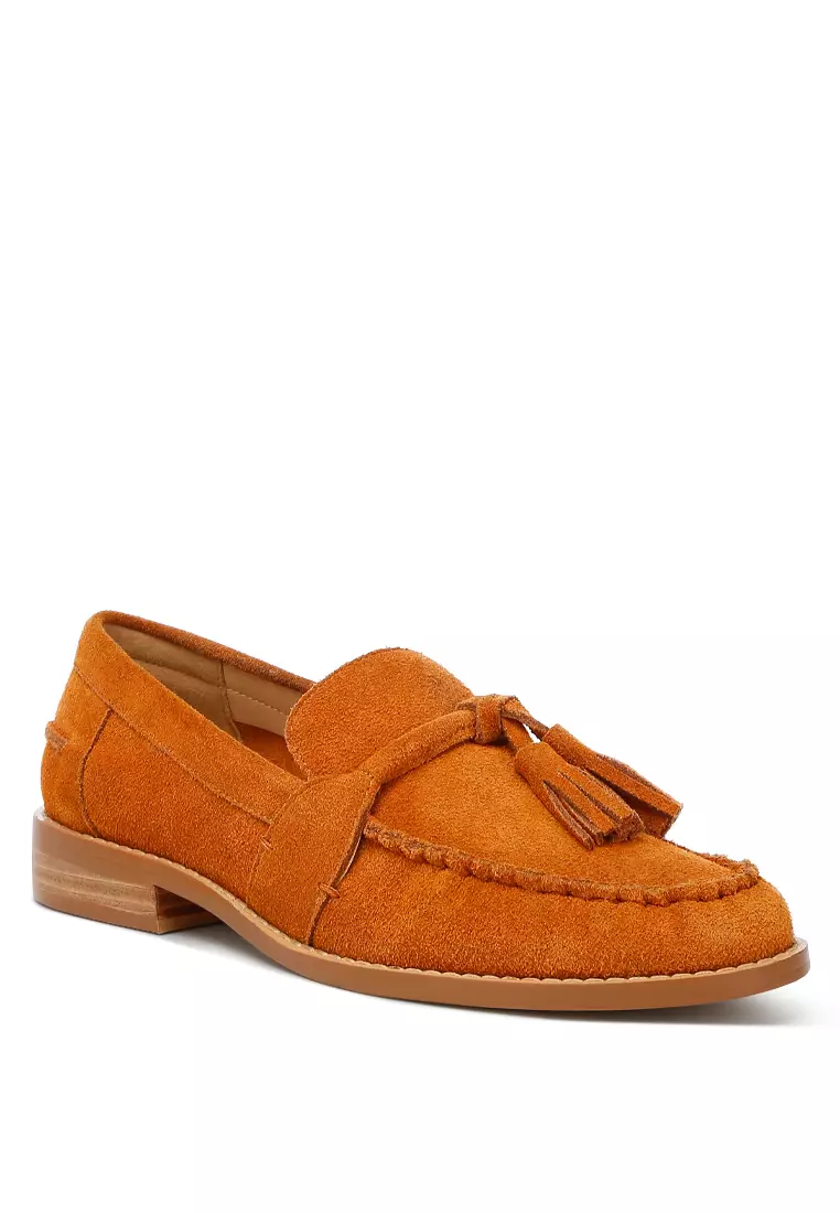 Tan Tassels Detail Suede Loafers