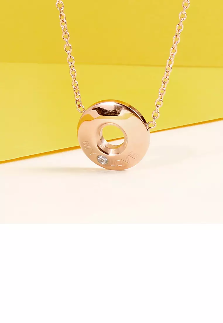 Fashion Simple Plated Rose Gold Geometric Round Love 316L Stainless Steel Pendant with Cubic Zirconia and Necklace