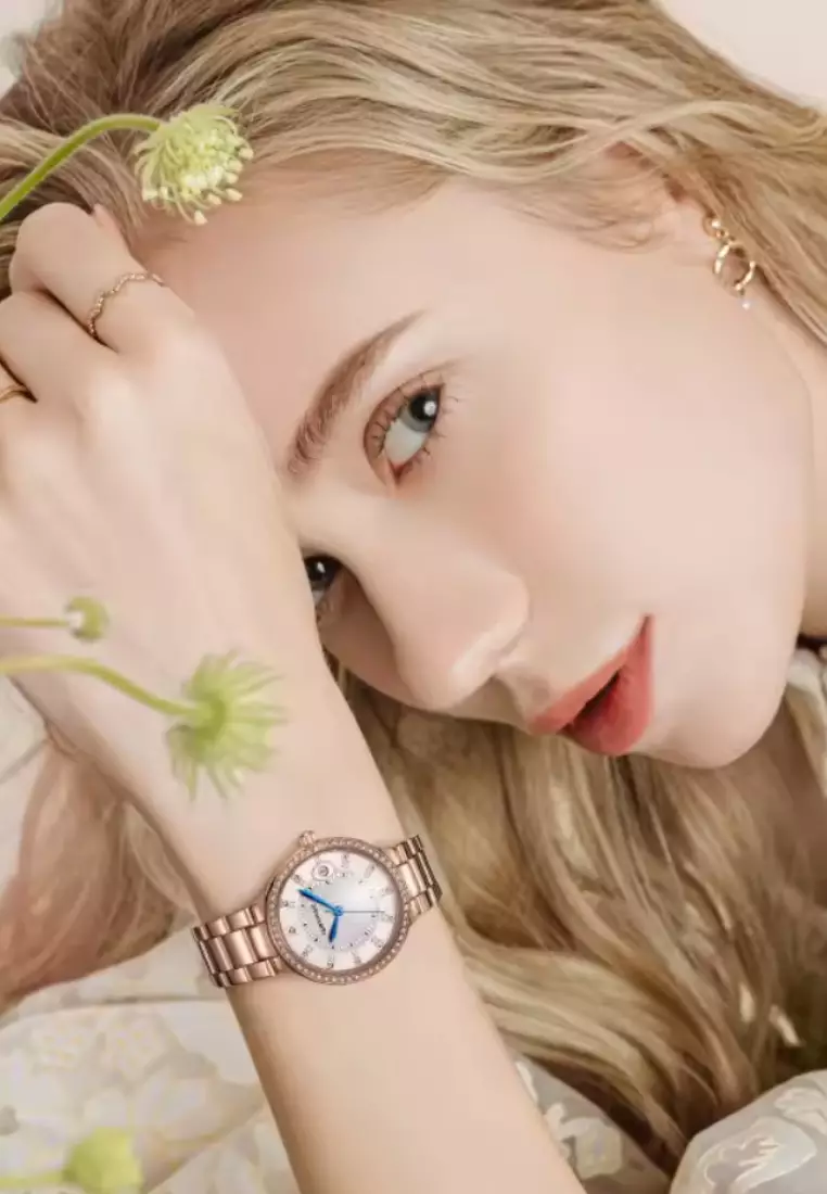 Ladies Rose Gold Colored Stainless Steel Quartz Watch, 32mm, Bezel Paved with Crystals, Stainless Steel Bracelet