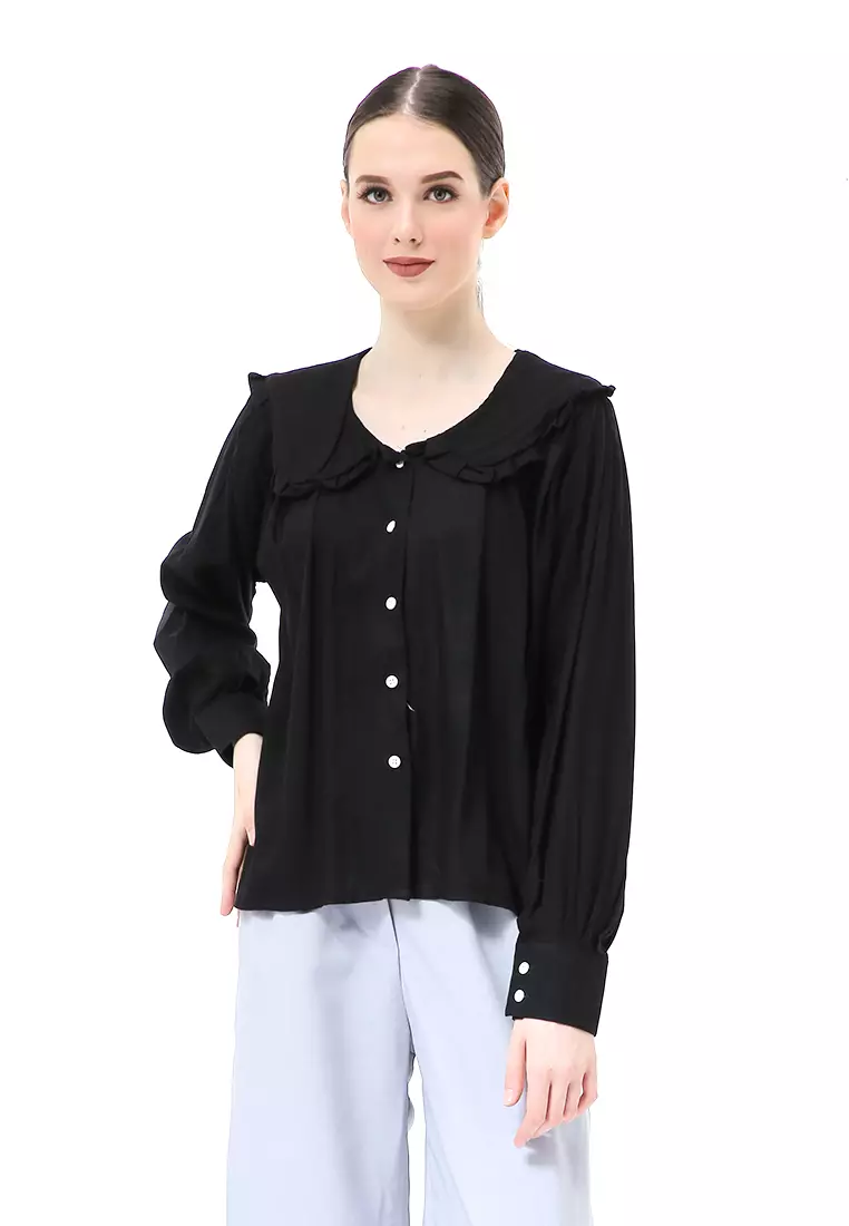 Adena Blouse Atasan Wanita Long Sleeve Kerah Rempel - Hitam
