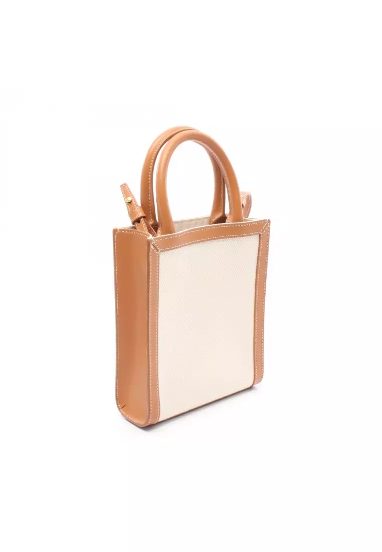 Pre-Loved Celine mini Vertical Cabas Handbag canvas leather ivory light brown 2WAY