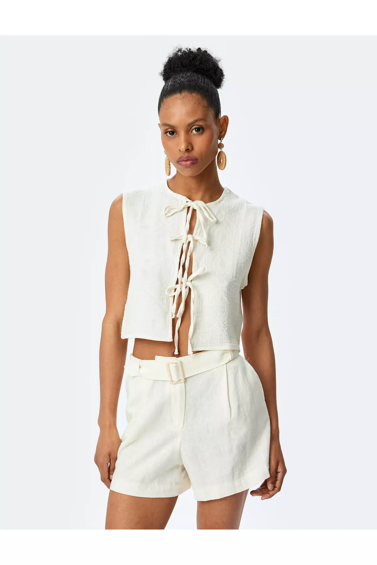 Cotton Front Tie Bow Crew Neck Crop Vest