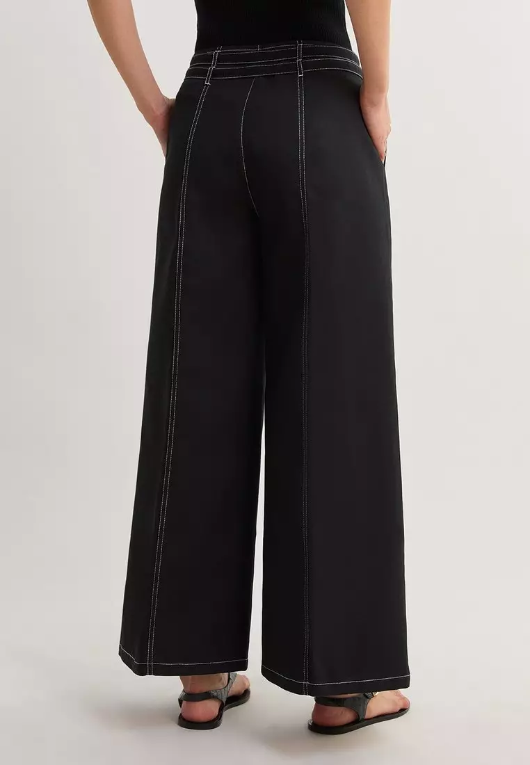 Mid Waist Belted Wide Leg Pants - Black