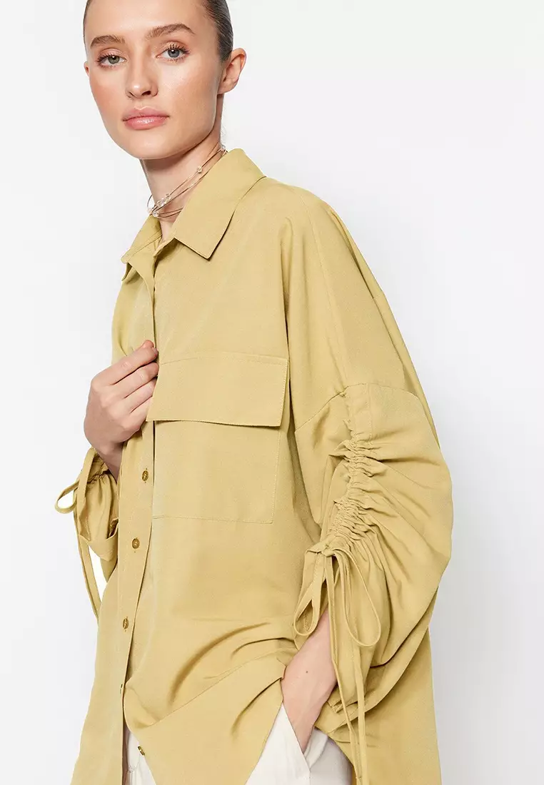 Light Yellow Sleeves with Adjustable Gathering Detail Woven Cotton Shirt TCTSS23TG00011