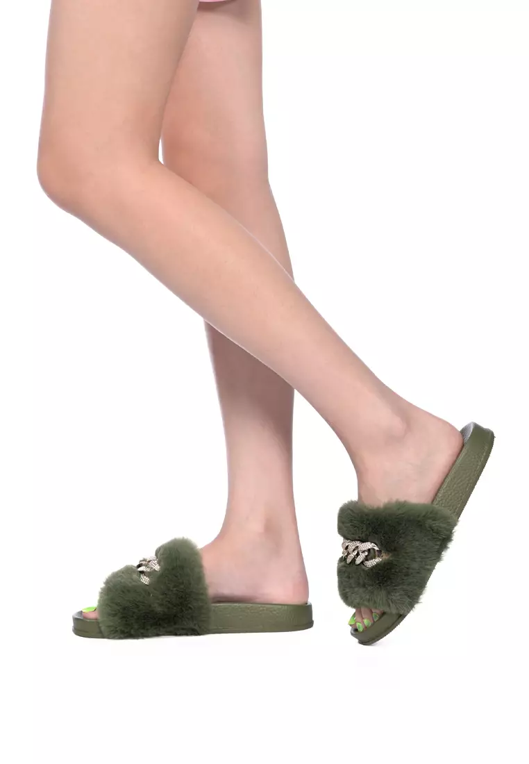 London Rag Metal Chain Detail Fur Slides in Olive 2024 Buy