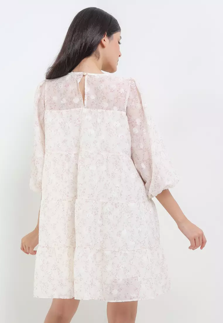 L/S Flo Print Jacq Chiffon Panel Dress
