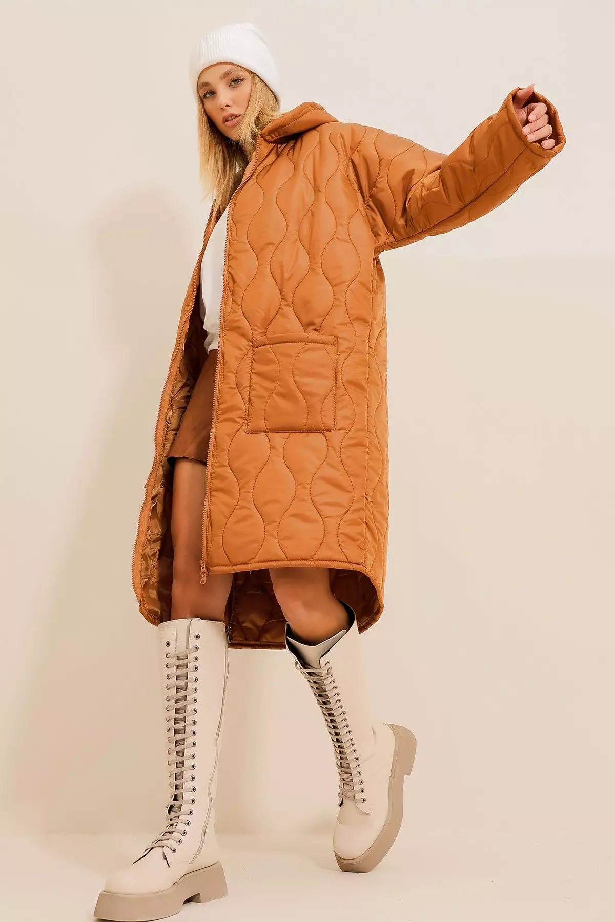 Women's Camel Double Pockets Front Double Zipper Hooded Long Puffer Coat